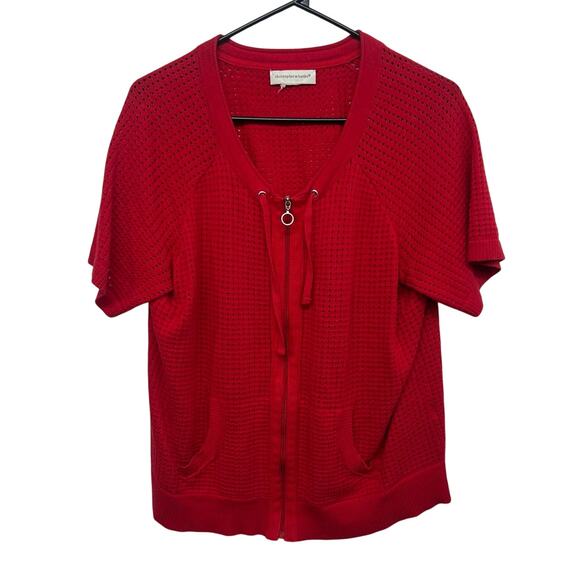 Retro Sporty Red Zip Front Sweater Cardigan Christopher & Banks Size M - Picture 1 of 5